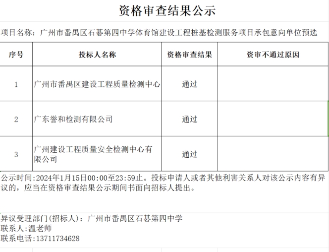 广州市番禺区石碁第四中学体育馆建设工程桩基检测服务项目承包意向单位预选