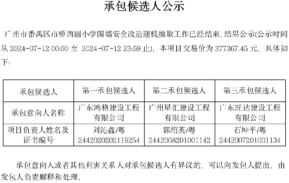 广州市番禺区市桥西丽小学围墙安全改造-承包候选人公示