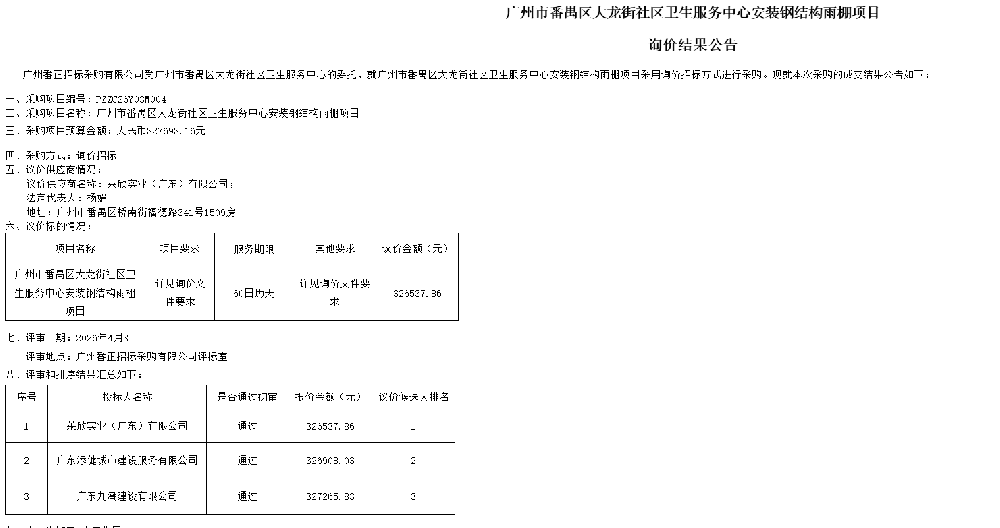 广州市番禺区大龙街社区卫生服务中心安装钢结构雨棚项目询价结果公告