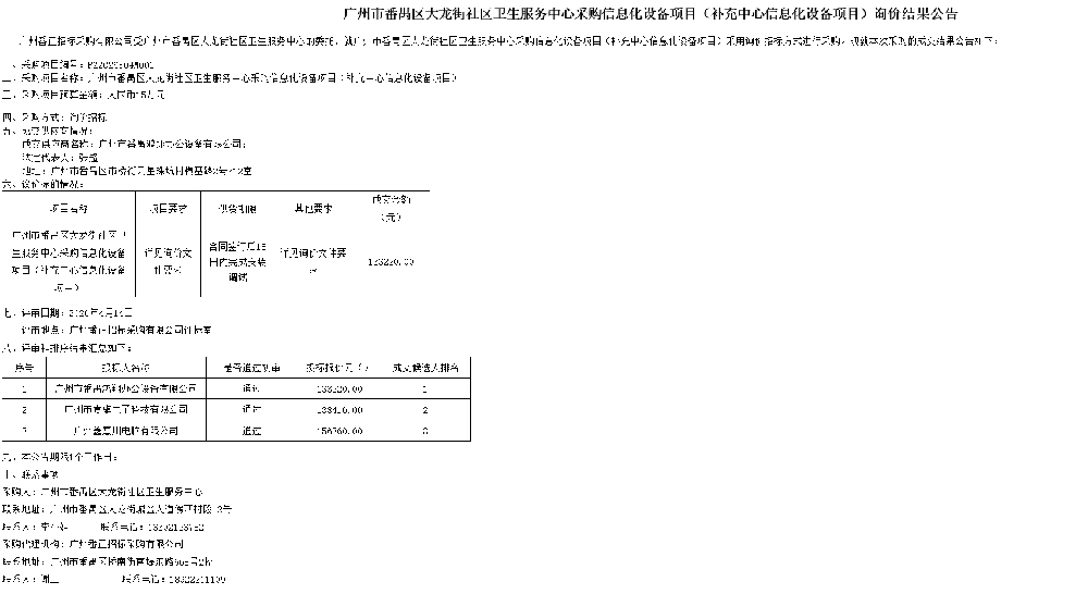 广州市番禺区大龙街社区卫生服务中心采购信息化设备项目（补充中心信息化设备项目）询价结果公告